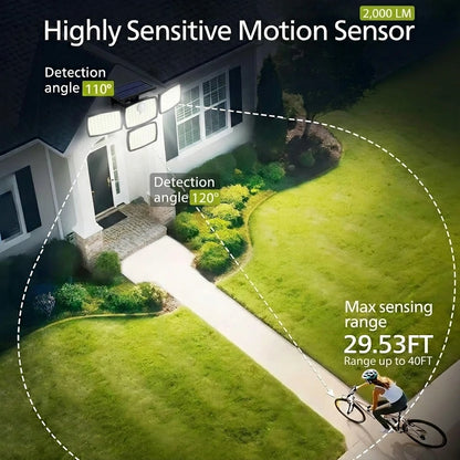 218LED Solar Motion Sensor Street Light, 4 Head Solar Lights Outdoor 3 Modes IP65 Waterproof Solar Flood Lamp for Garden, Remote