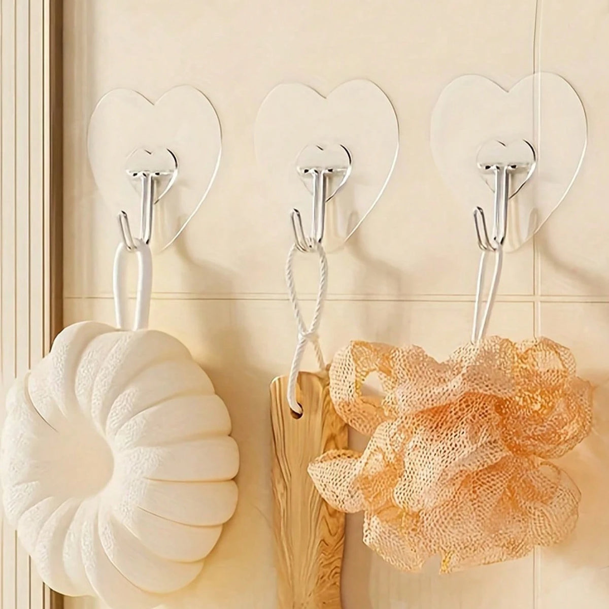 12/20/30/50/100pcs Strong Transparent Adhesive Wall Hooks - Casual Style, Easy To Install, No Drilling Required, Plastic Heart-Shaped Practical Hooks, Suitable For Kitchen And Bathroom, Bathroom Storage, Bathroom Decor, Autum