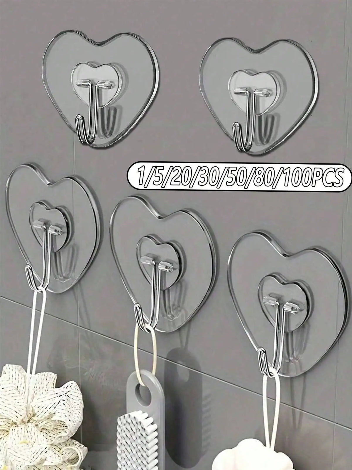 12/20/30/50/100pcs Strong Transparent Adhesive Wall Hooks - Casual Style, Easy To Install, No Drilling Required, Plastic Heart-Shaped Practical Hooks, Suitable For Kitchen And Bathroom, Bathroom Storage, Bathroom Decor, Autum