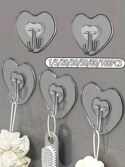 12/20/30/50/100pcs Strong Transparent Adhesive Wall Hooks - Casual Style, Easy To Install, No Drilling Required, Plastic Heart-Shaped Practical Hooks, Suitable For Kitchen And Bathroom, Bathroom Storage, Bathroom Decor, Autum