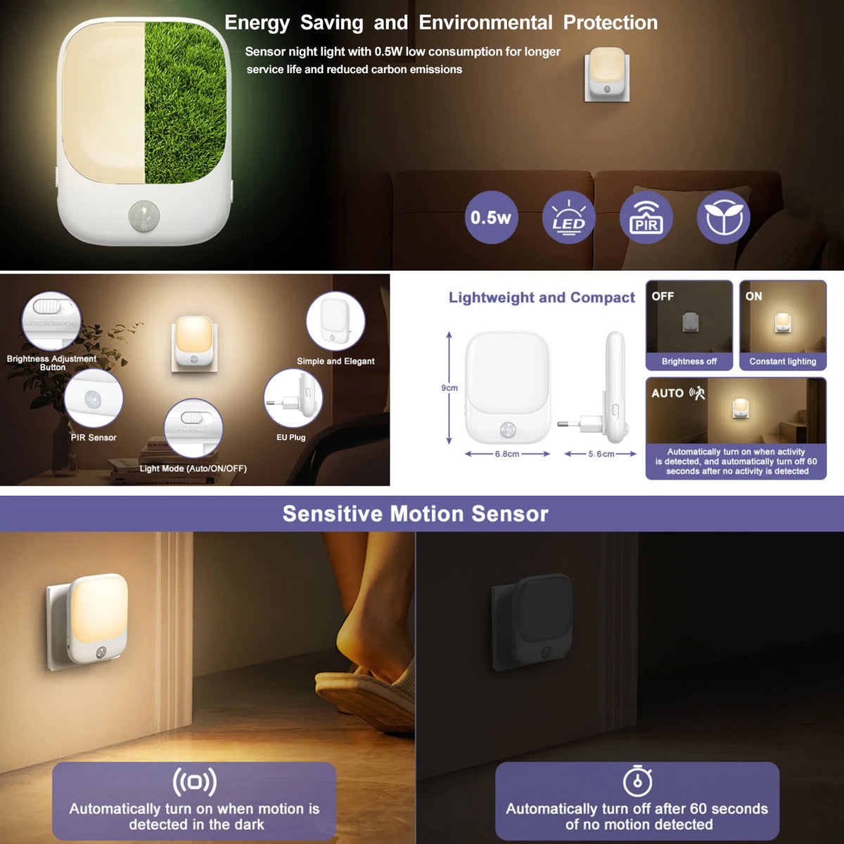 LED Motion Sensor Night Lights for Kids Bedroom Auto Dusk to Dawn Sensor Dimmable Wireless Cabinet Lamp