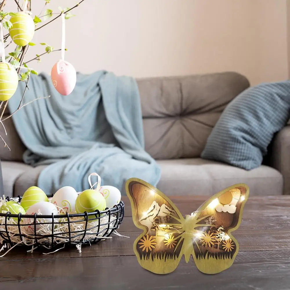 Easter Wooden Animal Ornaments LED Light 3D Hollow Carving Rabbit Home Room Decor Figurines Crafts Desktop Bedroom Decoration