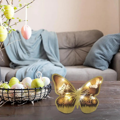 Easter Wooden Animal Ornaments LED Light 3D Hollow Carving Rabbit Home Room Decor Figurines Crafts Desktop Bedroom Decoration