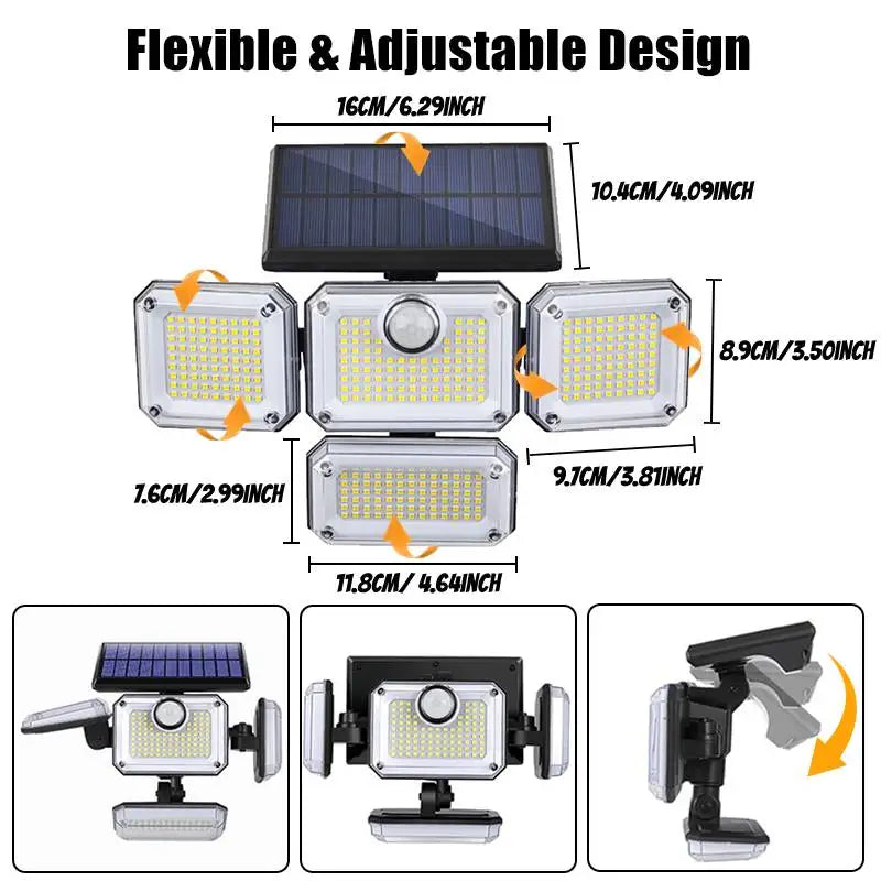 5000LM Outdoor Motion Sensor Lamp 333 LED IP65 Waterproof 4-Head Solar Power Light  Flood Lights 270° Lighting Range Outdoor Indoor Solar Garden Lamp With Adjustable Head Wide Lighting