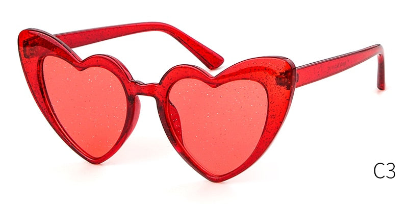 WHO CUTIE Women Sunglasses Vintage Brand Designer Red Heart Shape Pink Glitter Lens Funny Sun Glasses Girls Party Festival OM863