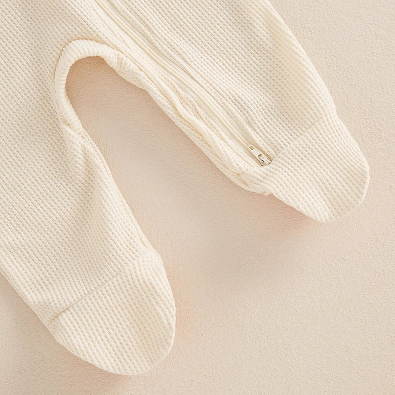 2024-09-07 Lioraitiin Newborn Baby Fall Footed Romper Solid Color Waffle Long Sleeve Crew Neck Zipper Jumpsuit with Hat