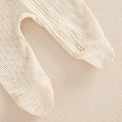 2024-09-07 Lioraitiin Newborn Baby Fall Footed Romper Solid Color Waffle Long Sleeve Crew Neck Zipper Jumpsuit with Hat