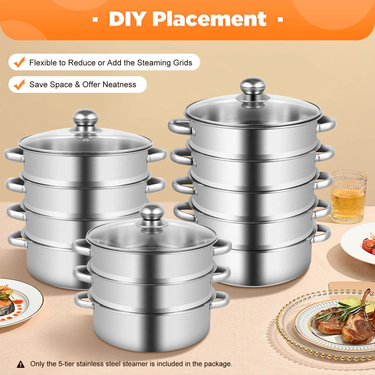 32CM Stainless Steel Steamer Pot 5-Tier Large Steaming Pot Cookware W/Lid & Handle for Vegetable, Dumpling, Stock, Sauce