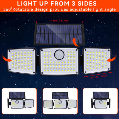 1/2PCS 164LED Motion Sensor Outdoor Street Lights, Solar Lights IP65 Waterproof, 3 Heads Security Flood Lamp, 3 Mode, for Patio