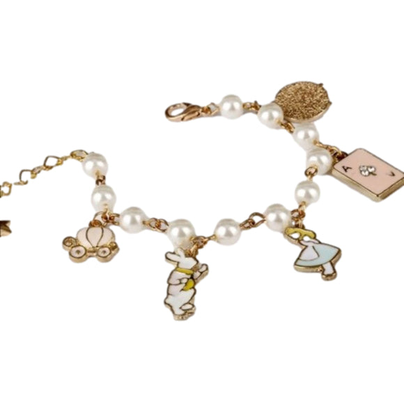 NEW ALICE IN WONDERLAND Charms Bracelet women's‎ white pearls