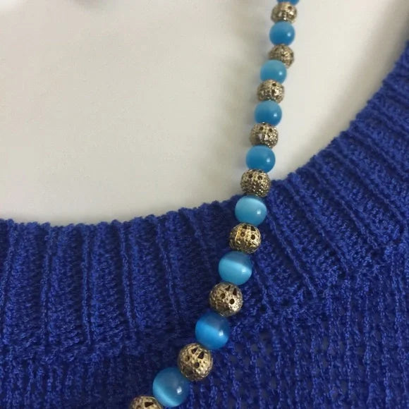 Brand-new‎ Cats-Eye Gemstone Blue & Silver Necklace. Fashion Jewelry.