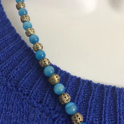 Brand-new‎ Cats-Eye Gemstone Blue & Silver Necklace. Fashion Jewelry.