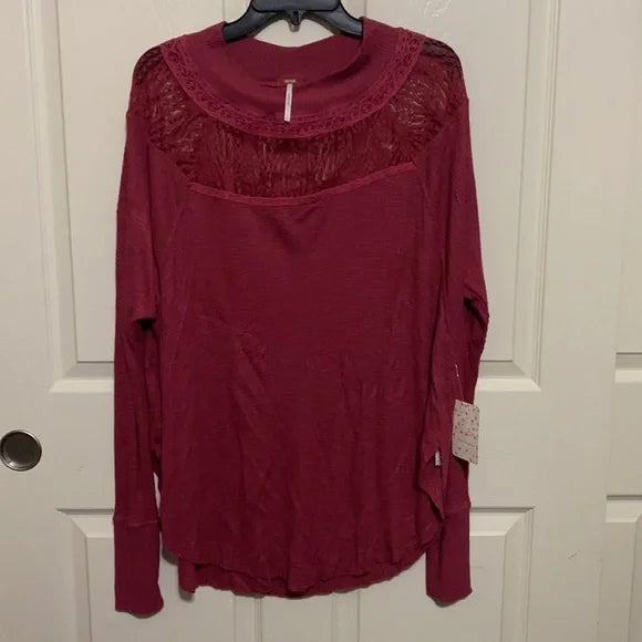 NWT Casual Free People Pink‎ Thermal Long Sleeve Top Blouse. Size Small. Women's Fashion