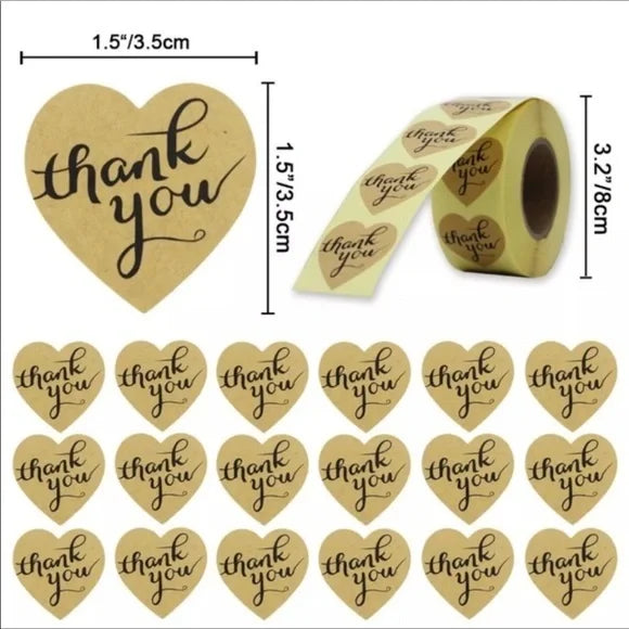 Brand New "Thank you" 😊 Heart-Shaped‎ ❤️ Self-Adhesive Kraft Stickers