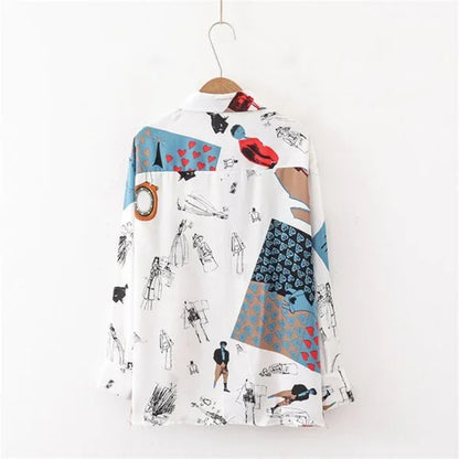 New‎ White Blue Baroque Print Runway Women's Collared Slim Blouse Top. Size Large