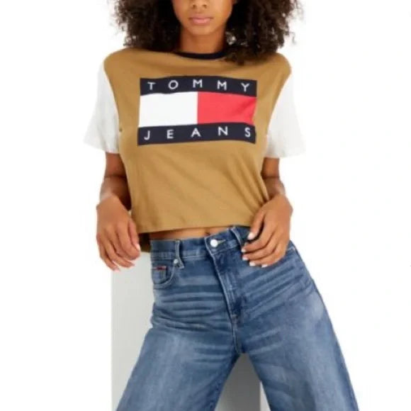 NWT Tommy Hilfiger Logo Colorblock Blouse Top T Shirt size‎ XL Tan Brown