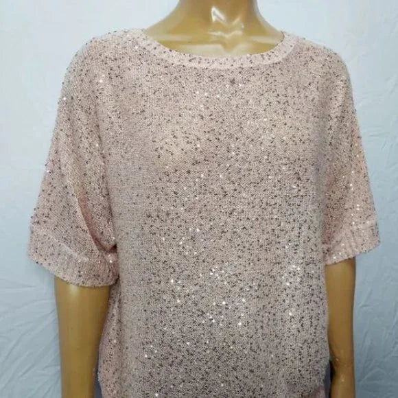 NWT Emaline Pink Pullover Sequin Short Sleeve Sweater Blouse Size XL