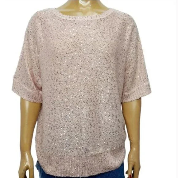 NWT Emaline Pink Pullover Sequin Short Sleeve Sweater Blouse Size XL