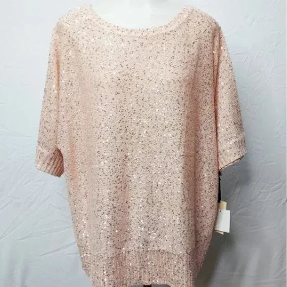 NWT Emaline Pink Pullover Sequin Short Sleeve Sweater Blouse Size XL