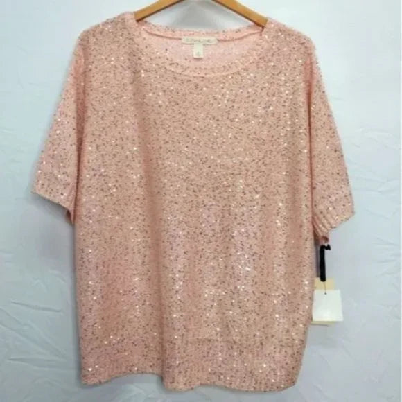 NWT Emaline Pink Pullover Sequin Short Sleeve Sweater Blouse Size XL