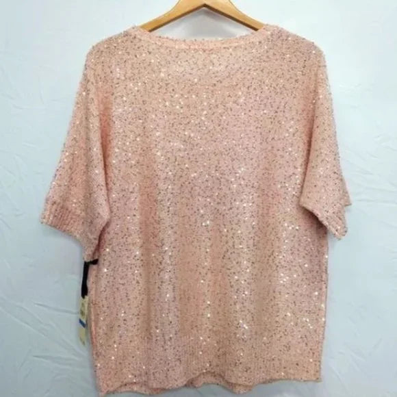 NWT Emaline Pink Pullover Sequin Short Sleeve Sweater Blouse Size XL