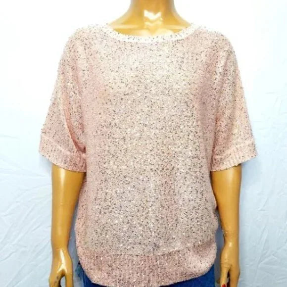 NWT Emaline Pink Pullover Sequin Short Sleeve Sweater Blouse Size XL