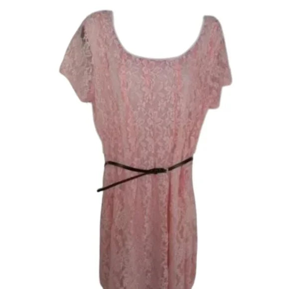 NWT NY Collection Women's Petite Pink Lace Lined Belted Dress Size PL‎ . Women's Ladies Fashion