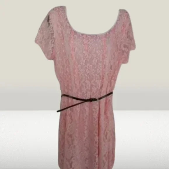 NWT NY Collection Women's Petite Pink Lace Lined Belted Dress Size PL‎ . Women's Ladies Fashion