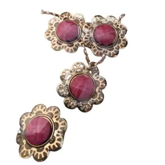 New Floral Pink Necklace Earrings Ring Jewelry‎ Set, Women's Fashion