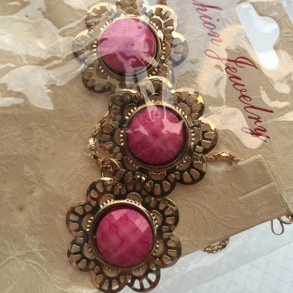 New Floral Pink Necklace Earrings Ring Jewelry‎ Set, Women's Fashion