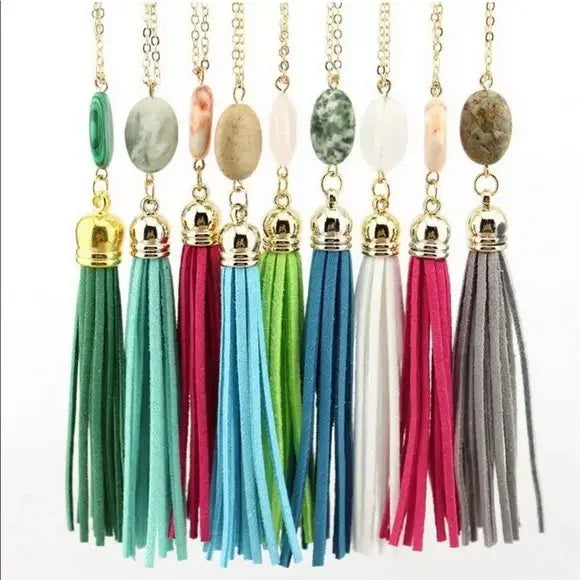 NWT New Long Tassel‎ Necklace w/ Oval Gemstone. Women's Fashion Jewelry