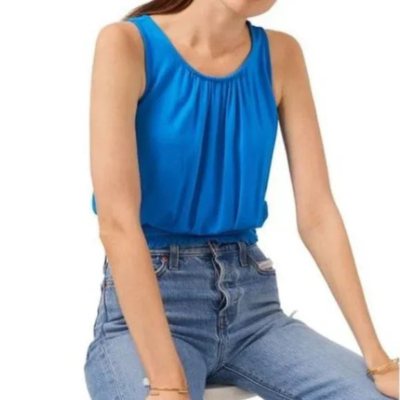 NWT 1.State Women's Blue Smocked Ruched Tank Crop Top Shirt Size XL