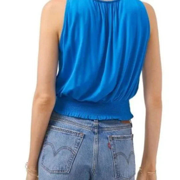 NWT 1.State Women's Blue Smocked Ruched Tank Crop Top Shirt Size XL