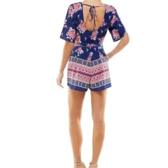 NWT Trixxi Women's Blue Surplice Printed Flutter Sleeve Romper Juniors Size XL