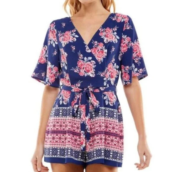 NWT Trixxi Women's Blue Surplice Printed Flutter Sleeve Romper Juniors Size XL