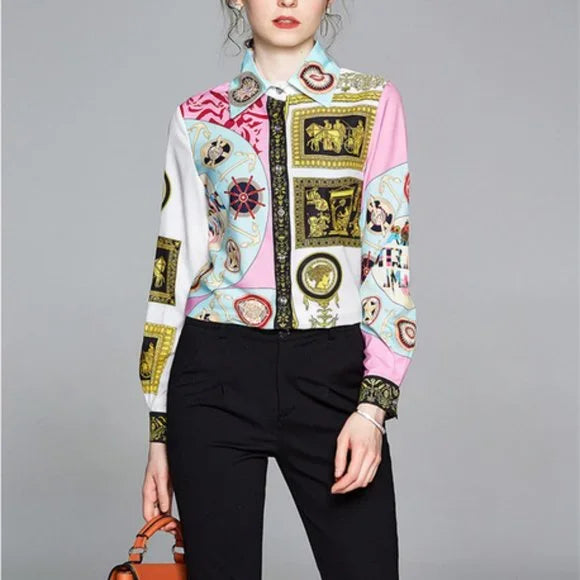 New Yellow pink Baroque Print Runway Shirt Ladies Collar Women‎ Slim Blouse