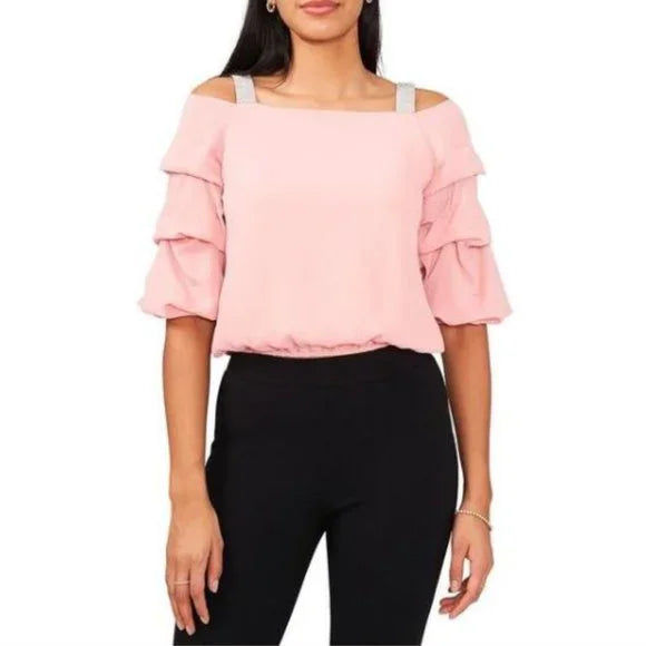 NWT MSK Women's Pink Tiered Boatneck Cold-Shoulder Pullover Top Blouse Petite XL