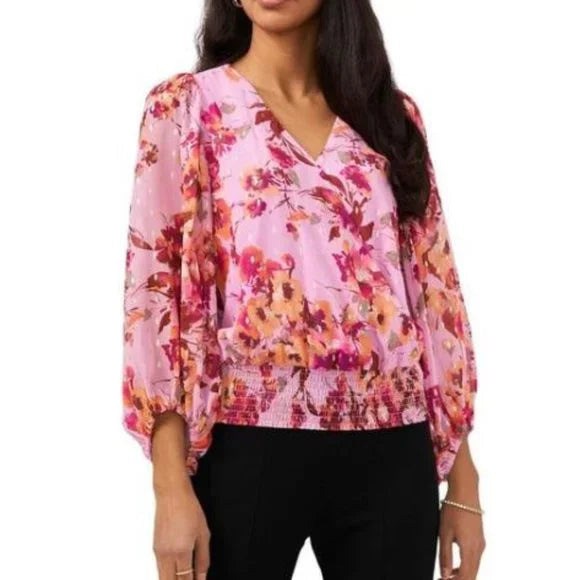 NWT MSK Women's Purple Metallic Floral Print Blouse Shirt Petite XL.