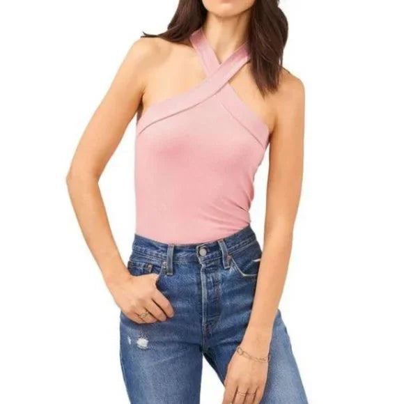 NWT 1.State Women's Pink Ribbed Halter Sleeveless Tank Top Shirt Petite XL