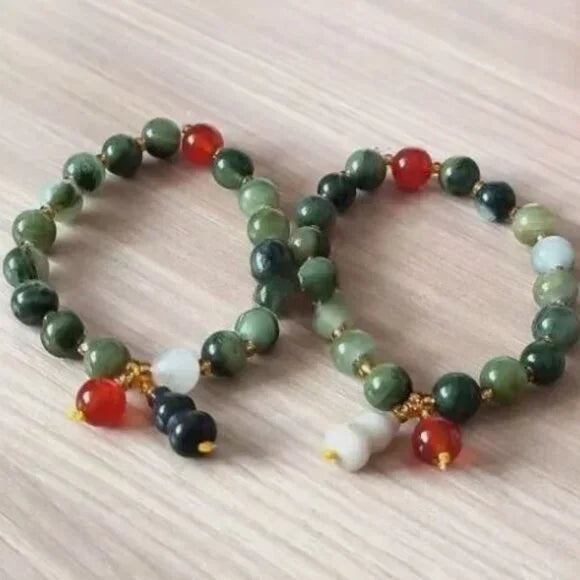 NWOT 8mm Natural Green Golden Silk Jade Red Agate Round Beads Stretch Bracelet