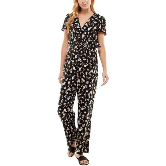 NWT Kingston Grey Women's Black Floral Ruffled Wide Leg Jumpsuit XL