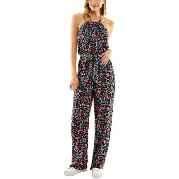 NWT Kingston Grey Women's Black Floral Print Crinkled Jumpsuit XL