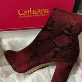 New with Box Catherine Malandrino Burgundy Snake Ultra Suede Booties Size 7.5