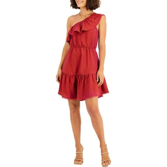 New Bar III Women's One Shoulder Red Canyon Ruffled Mini Dress Size XL