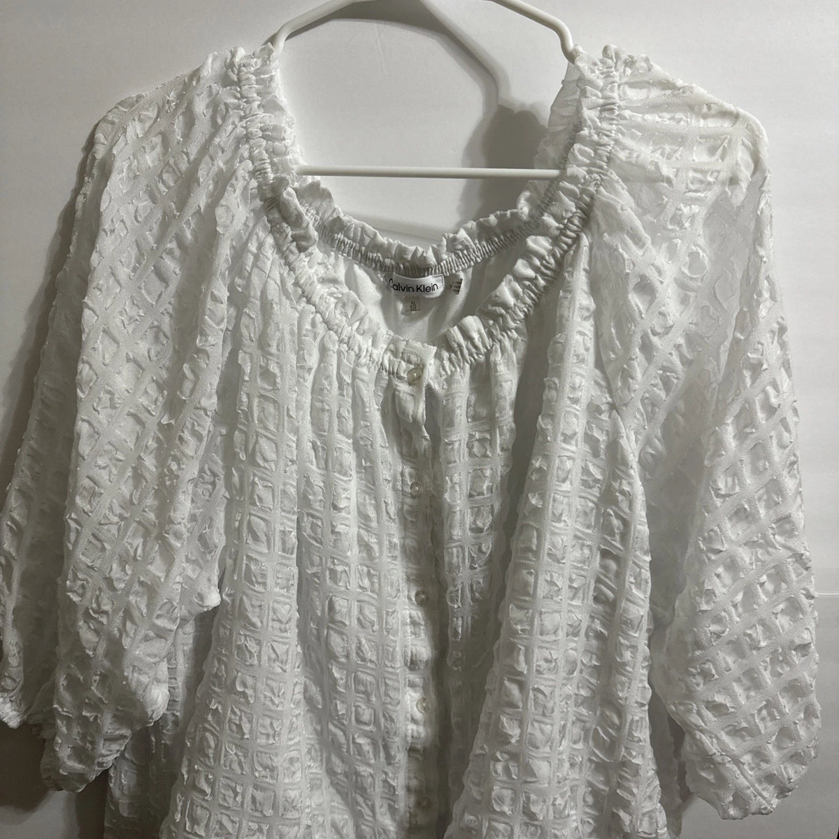 Calvin Klein Women's Boho Peasant Top Size XL White Scoop Neck 3/4 Sleeve White