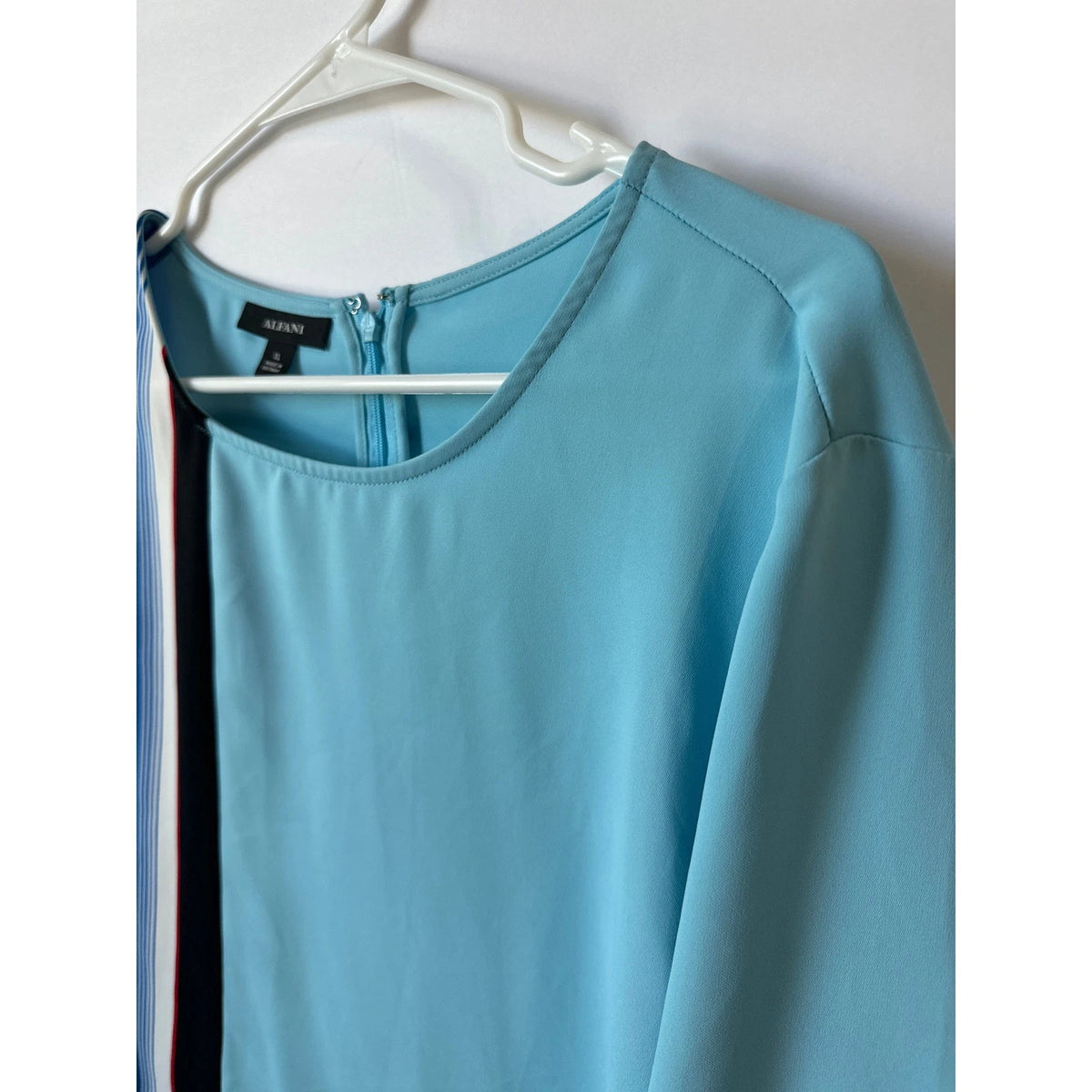 Alfani Womens XL Light Blue Vertical Stripe Ruched Long Sleeve Blouse Top