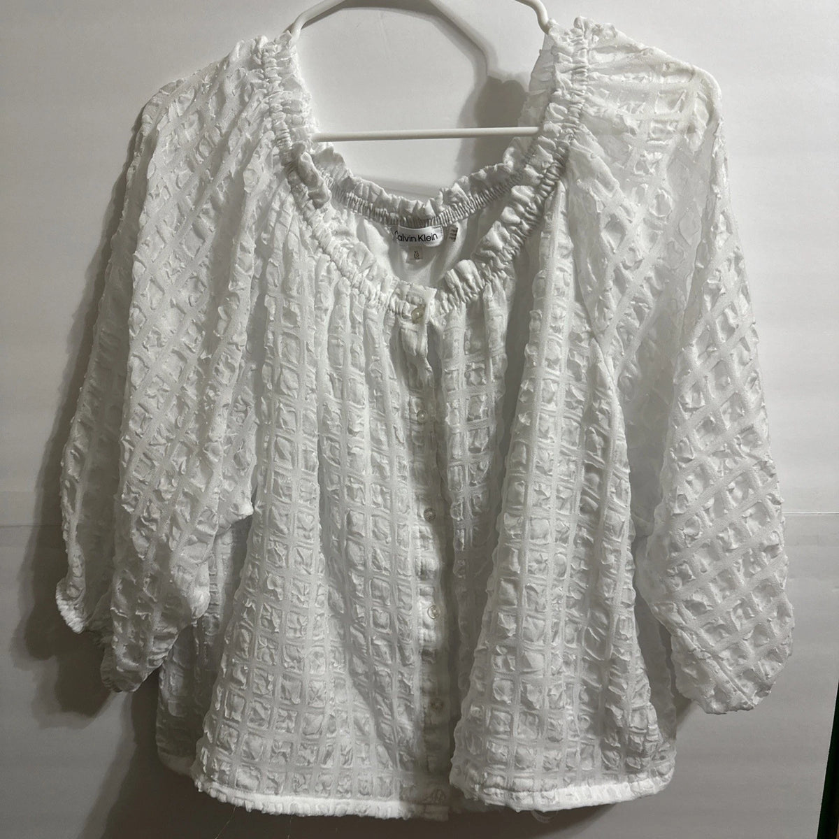 Calvin Klein Women's Boho Peasant Top Size XL White Scoop Neck 3/4 Sleeve White