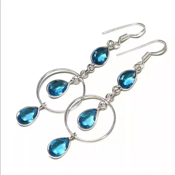 New Swiss Blue Topaz Long Dangling Earrings. Women's Fashion Accessories.