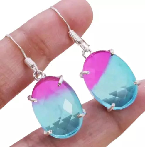 Bi Color Tourmaline Art Piece 925 Silver Plated Handmade Earrings of 1.5"