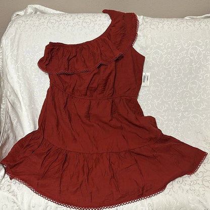 New Bar III Women's One Shoulder Red Canyon Ruffled Mini Dress Size XL